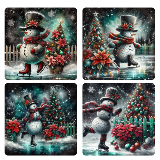 Winter Crackle Snowman 4-Pack Coasters