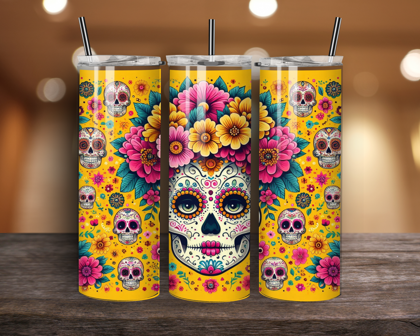 Vibrant Yellow Sugar Skull Tumbler