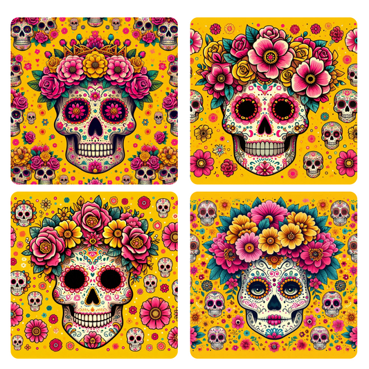 Vibrant Sugar Skull 4-Pack Coasters - Yellow